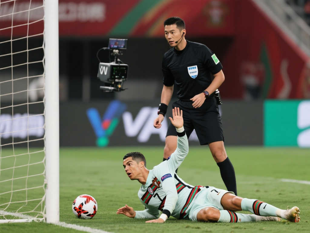 C罗禁区摔倒马宁判点球，C罗摇头示意马宁查看VAR撤销判罚